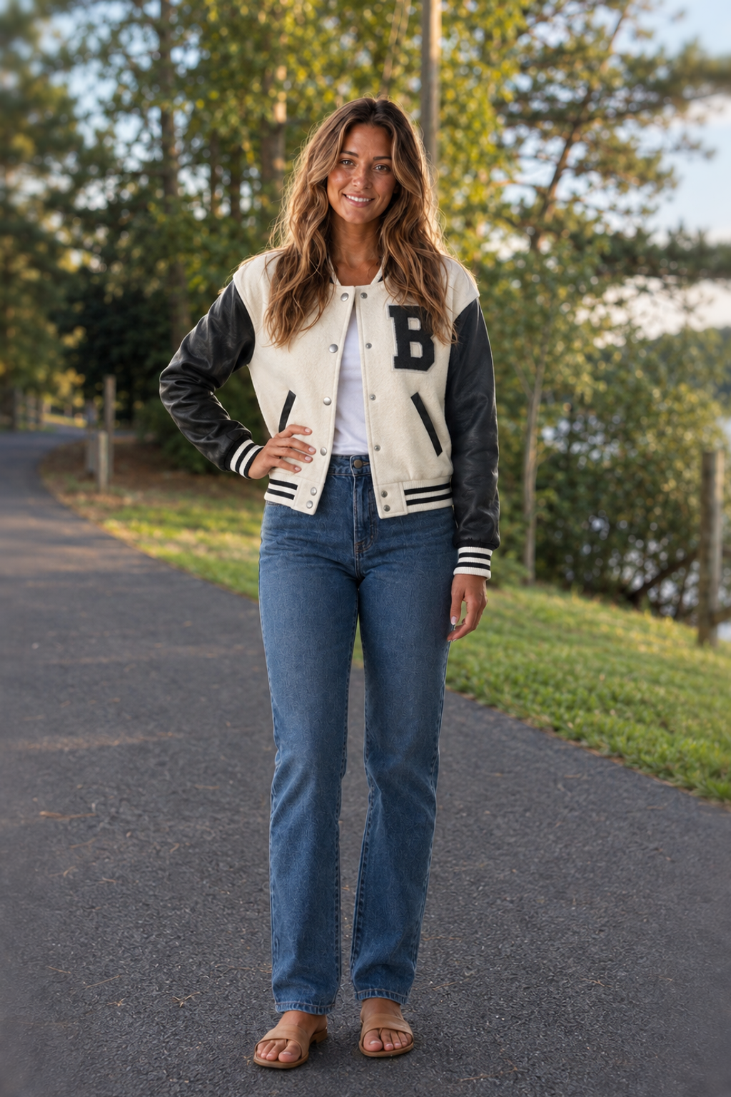 80055JM White Cropped Varsity Bomber Jacket