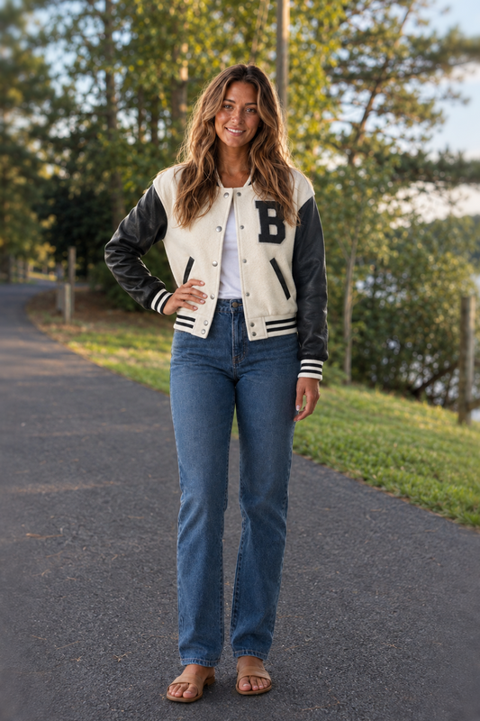 80055JM White Cropped Varsity Bomber Jacket