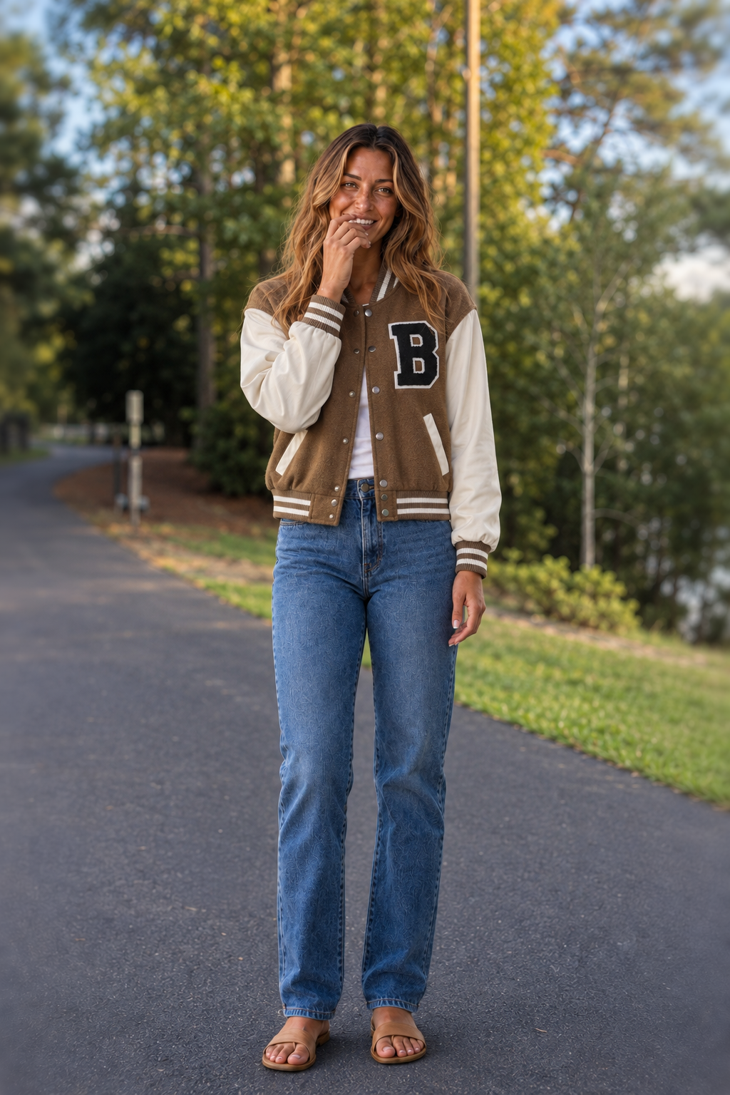 80055JM Brown Cropped Varsity Letterman Jacket