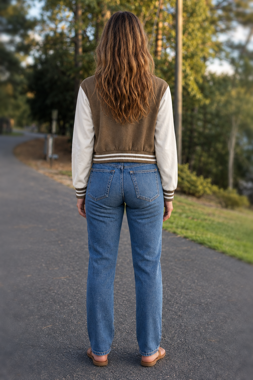 80055JM Brown Cropped Varsity Letterman Jacket