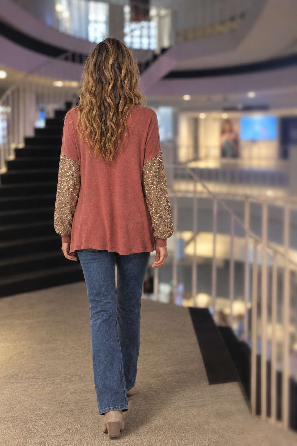 LMT2869 Coral Sequin Sleeve V-Neck Sweater