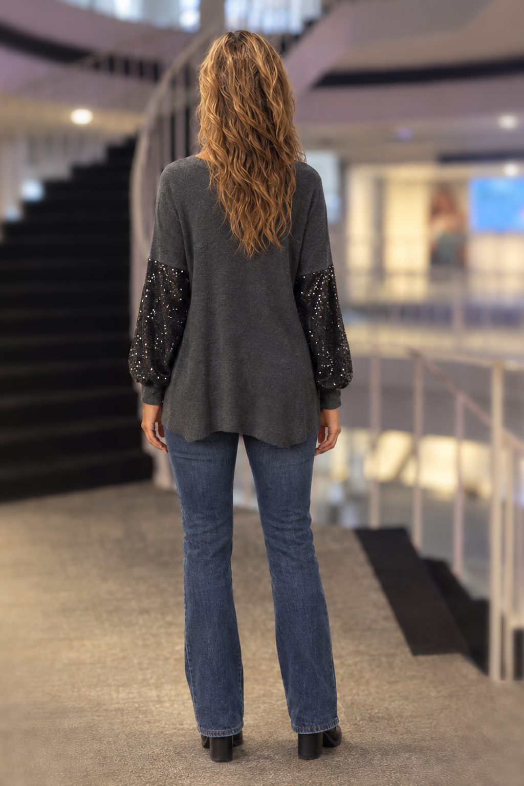 LMT2869 Black Sequin Sleeve V-Neck Sweater
