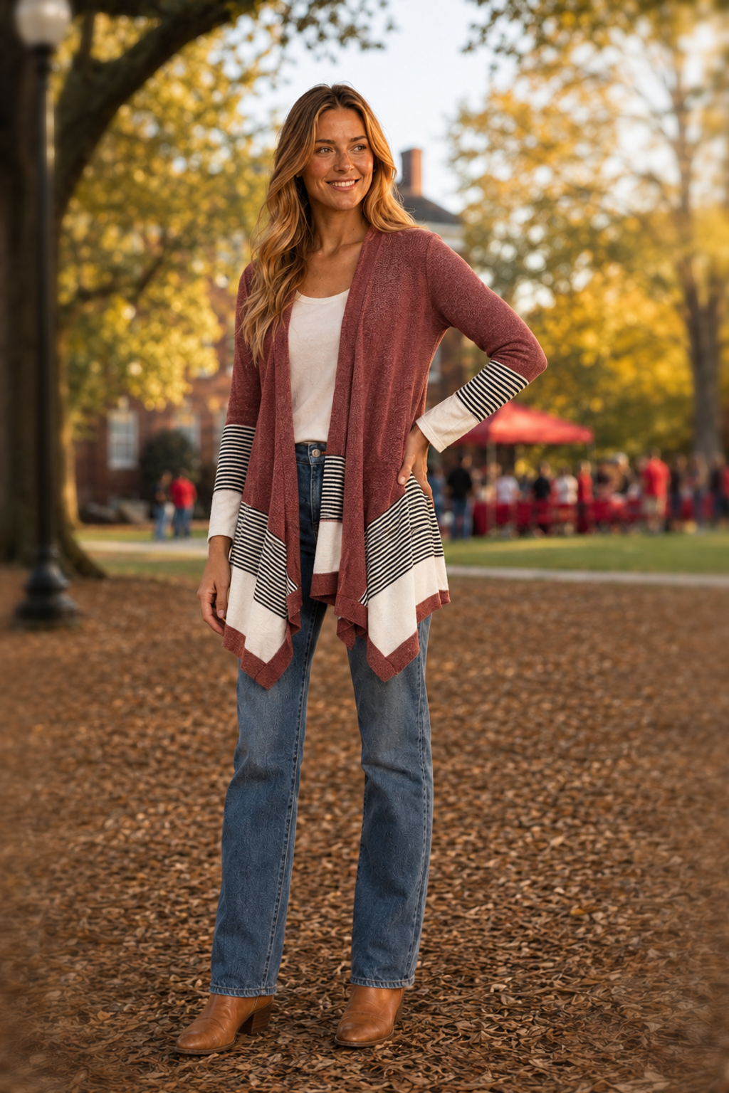 LMT2853 Fall Themed Striped Hem Open Front Cardigan