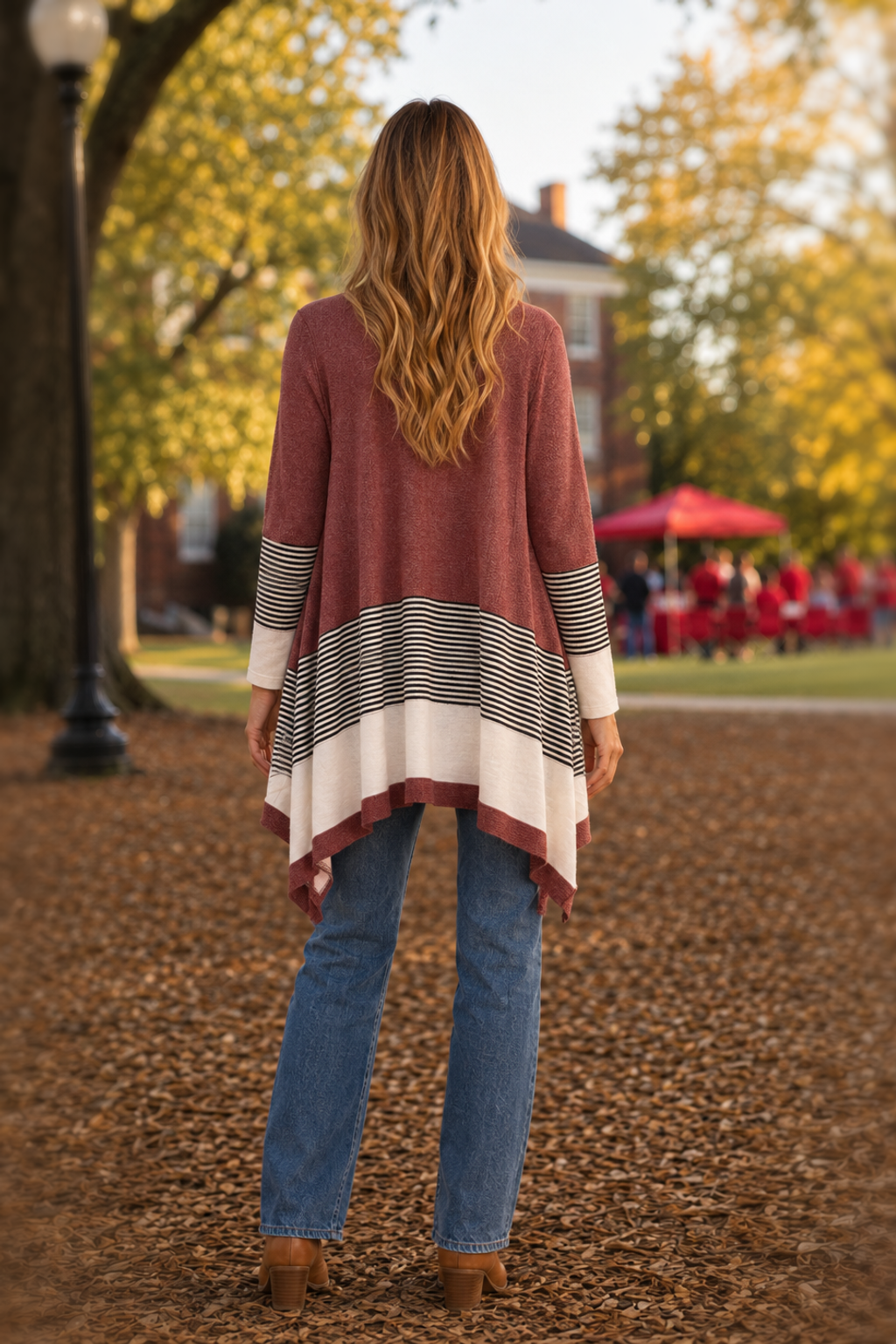 LMT2853 Fall Themed Striped Hem Open Front Cardigan