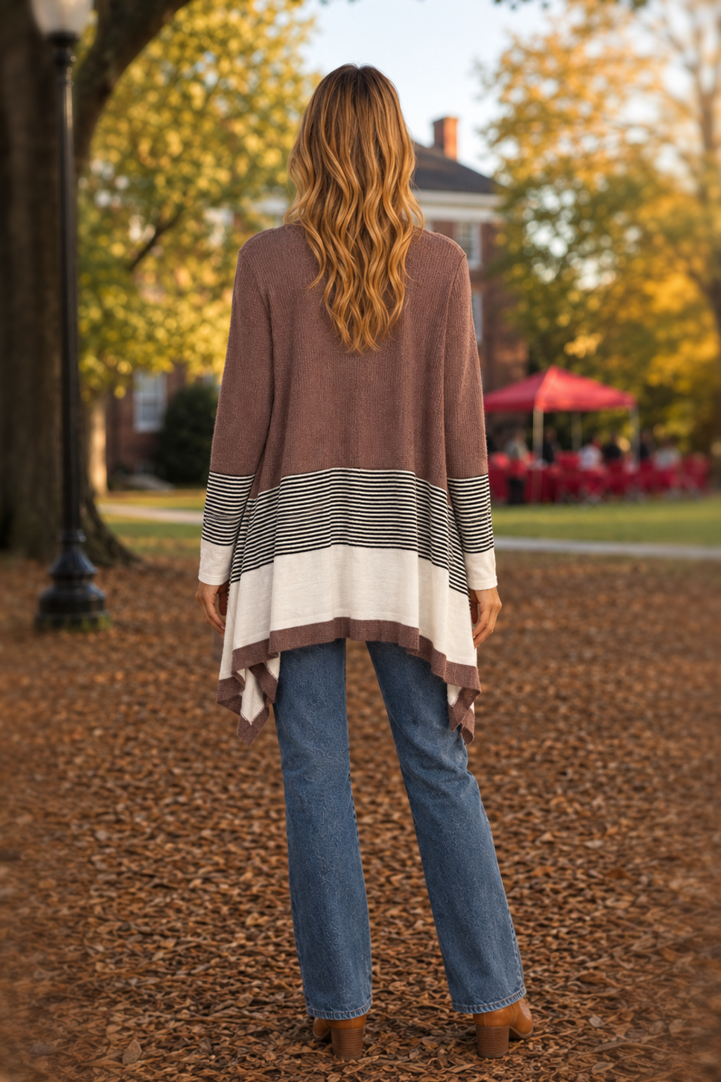 LMT2853 Dark Fall Themed Striped Hem Open Front Cardigan