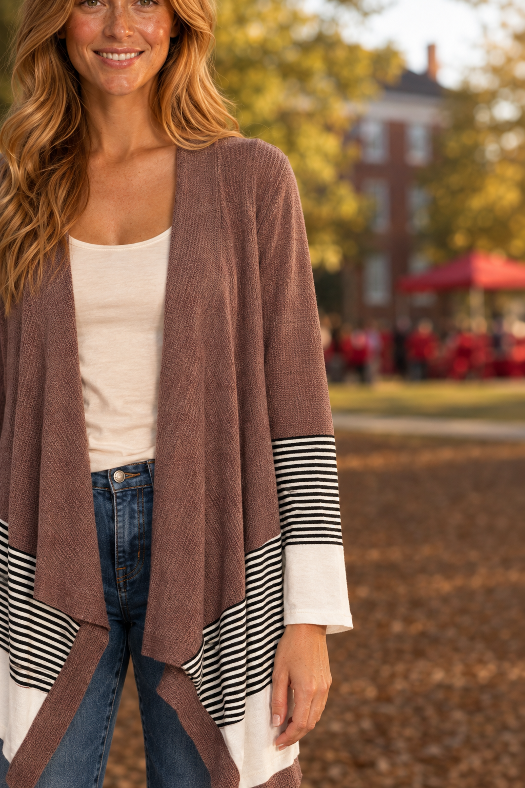 LMT2853 Dark Fall Themed Striped Hem Open Front Cardigan — Sleeves detail
