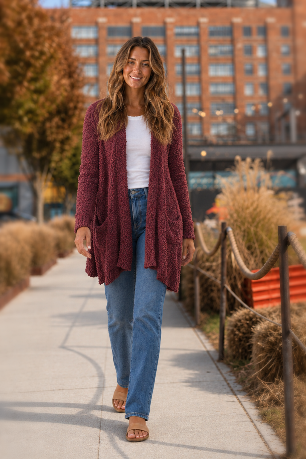 TW-1938AB Burgundy Open Front Pocket Cardigan