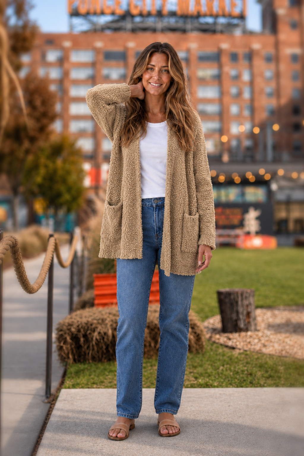 TW-1938AB Beige Popcorn Knit Open Front Cardigan