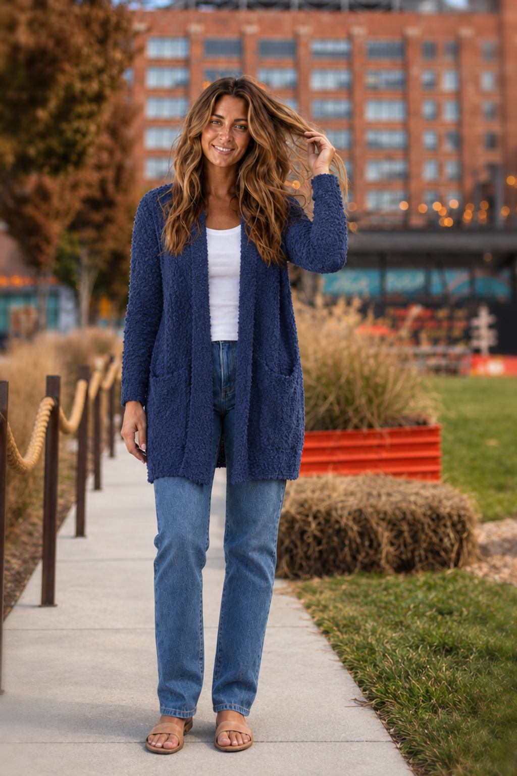 TW-1938AB Blue Knit Open Front Cardigan