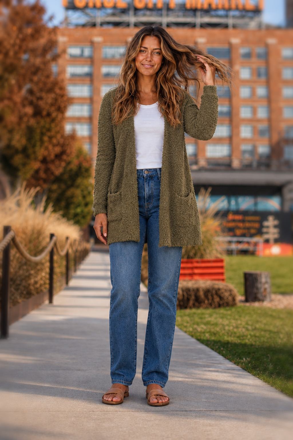 TW-1938AB Green Popcorn Knit Open Front Cardigan