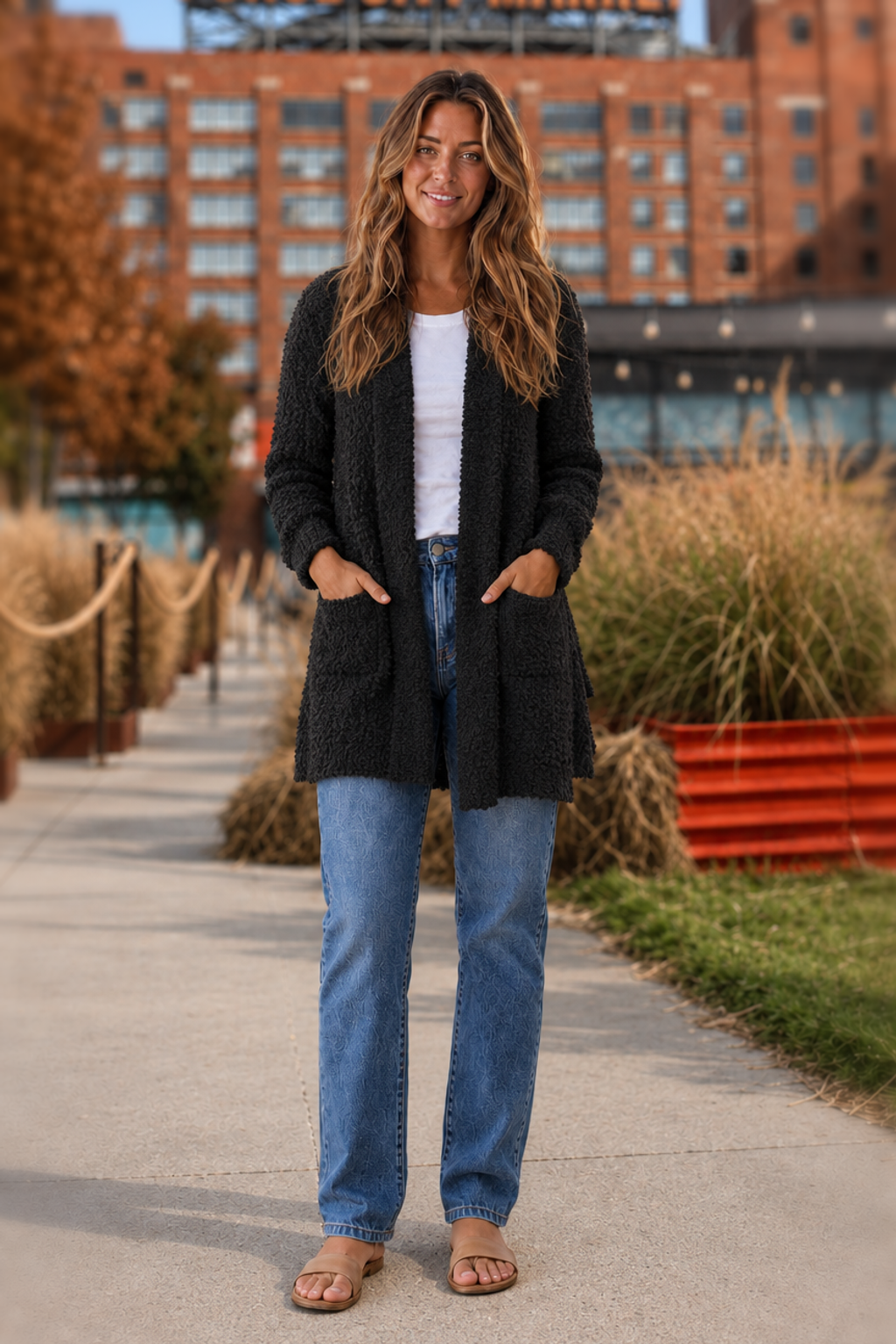 TW-1938AB Black Popcorn Knit Open Front Cardigan