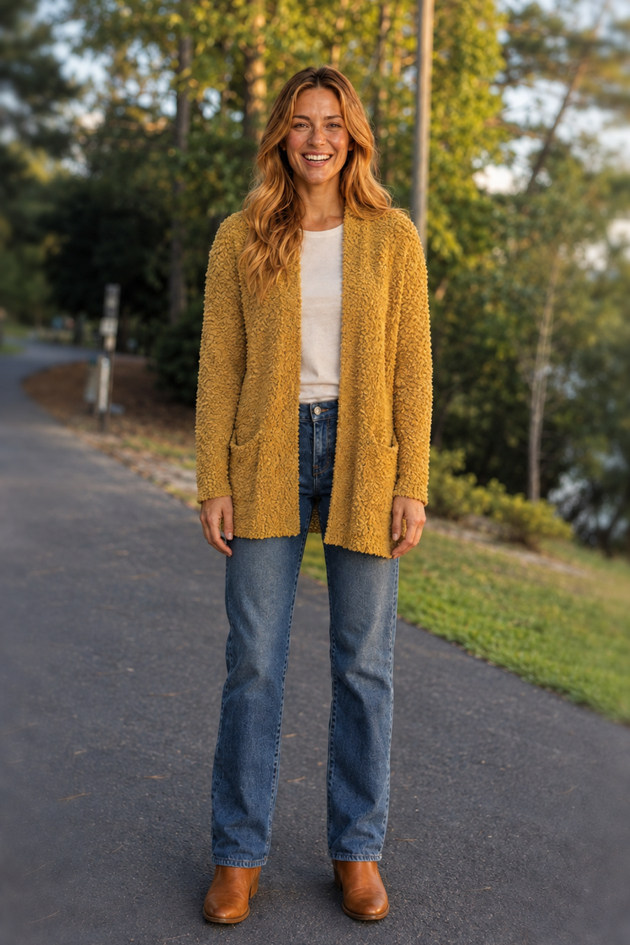 TW-1938AB Mustard Popcorn Knit Open Front Cardigan