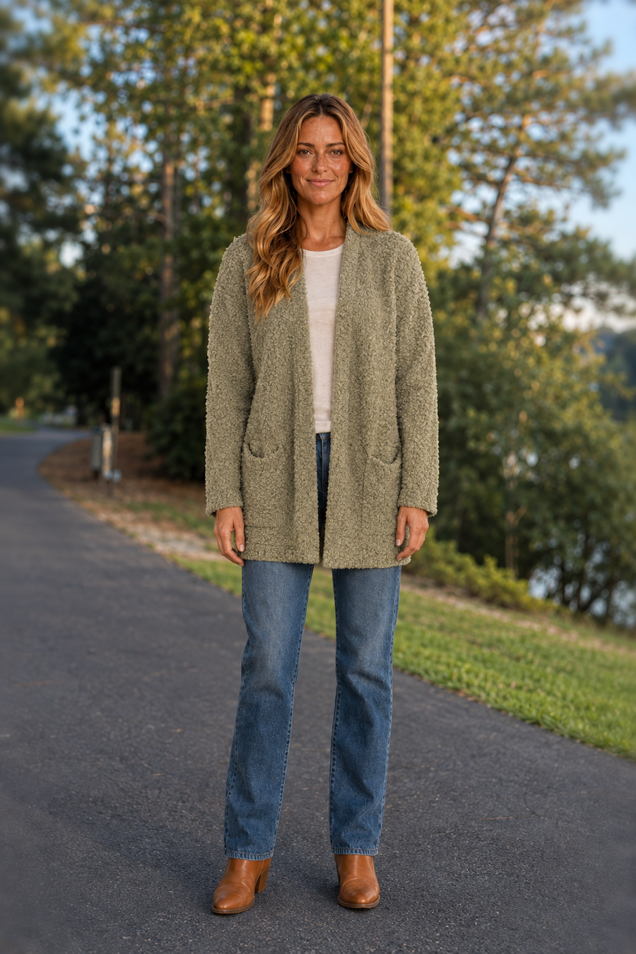 TW-1938AB Light Green Open Front Pocket Cardigan
