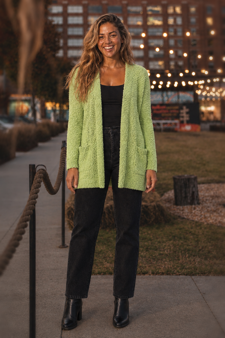 TW-1938AB Bright Green Popcorn Knit Open Front Cardigan