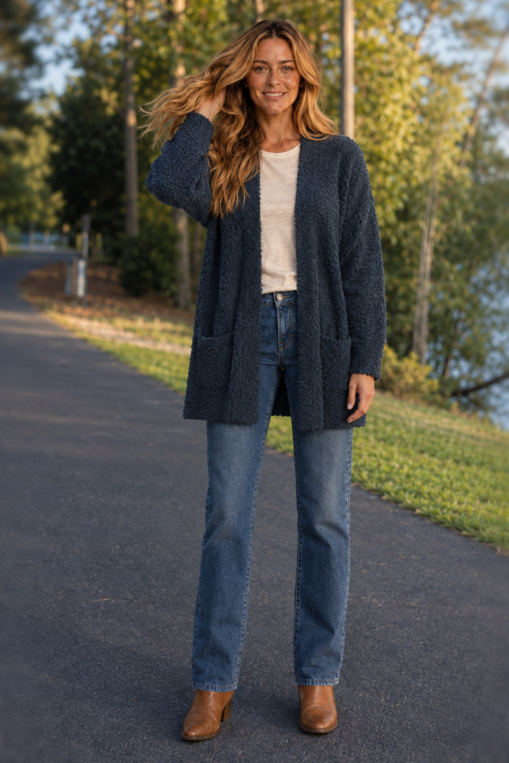 TW-1938AB Navy Popcorn Knit Open Front Cardigan