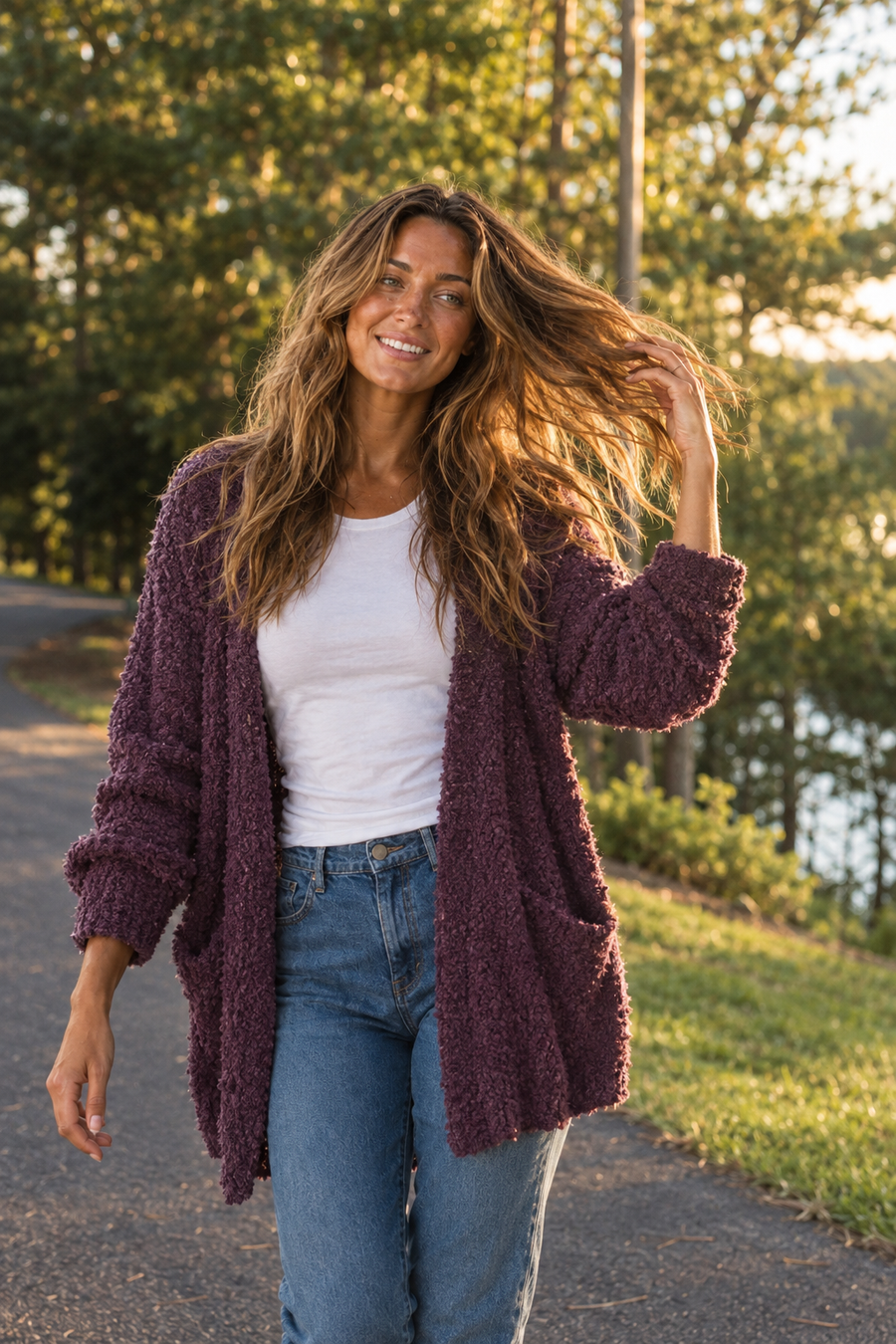 TW-1938AB Plum Popcorn Knit Open Front Cardigan