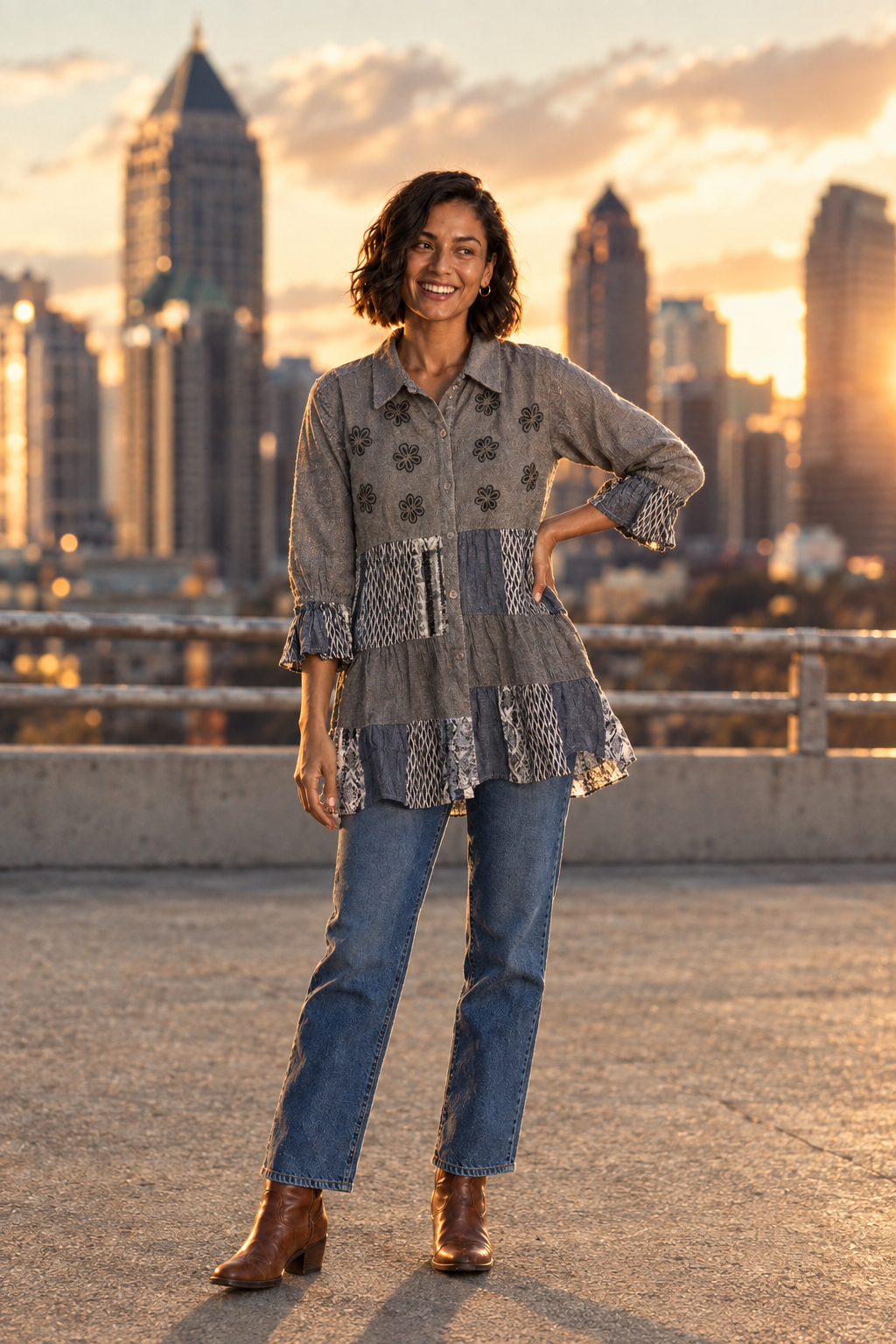 44326 Grey Embroidered Patchwork Tiered Tunic Blouse