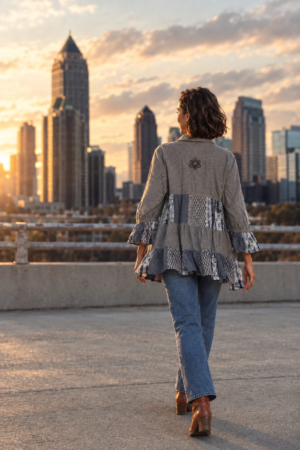 44326 Grey Embroidered Patchwork Tiered Tunic Blouse