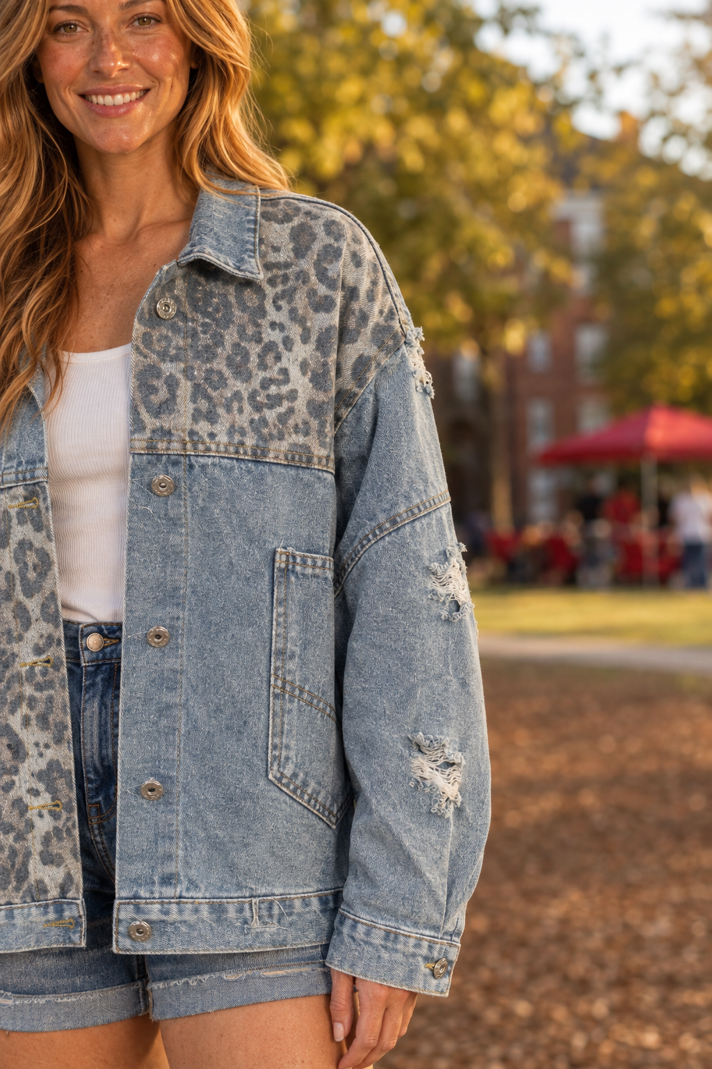 383 Leopard Print Denim Jacket — Sleeves detail