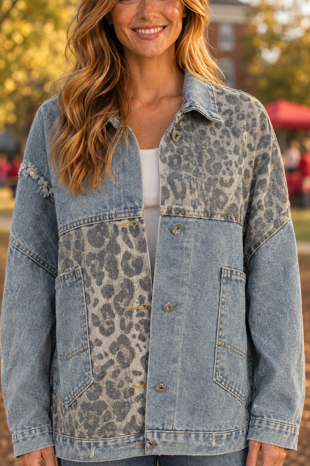 383 Leopard Print Denim Jacket — Pockets detail