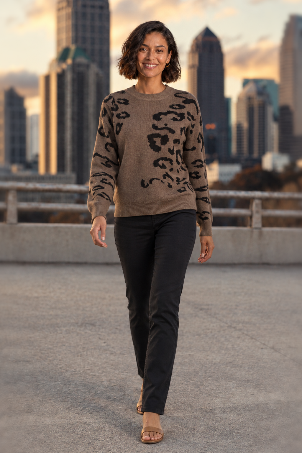 Leopard Print Crewneck Knit Sweater
