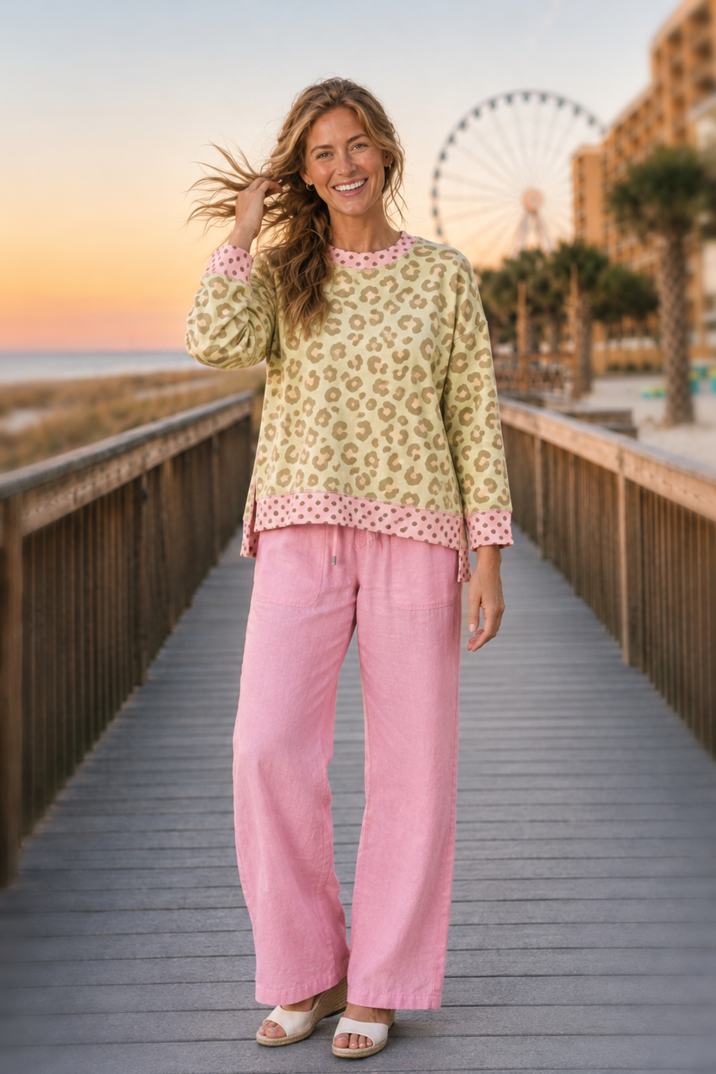Leopard Print Polka Dot Trim Sweatshirt