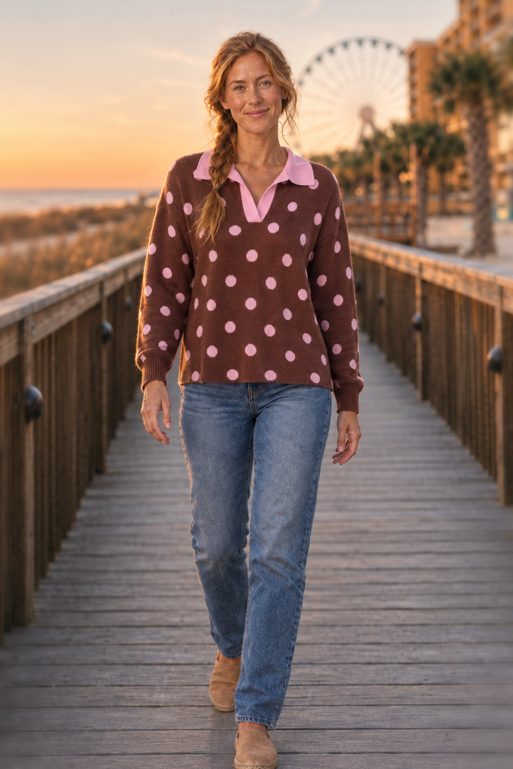 Polka Dot Polo Collar Sweater