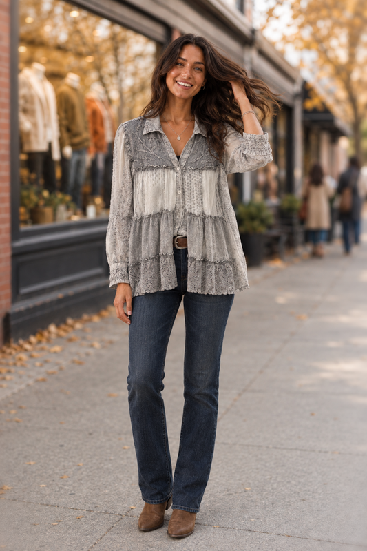 56331 Embroidered Tiered Boho Blouse