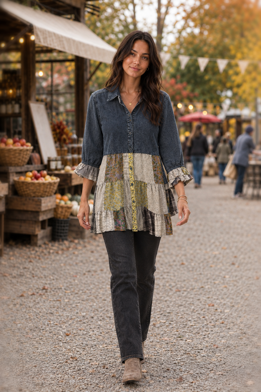 44326 Denim Patchwork Tiered Tunic