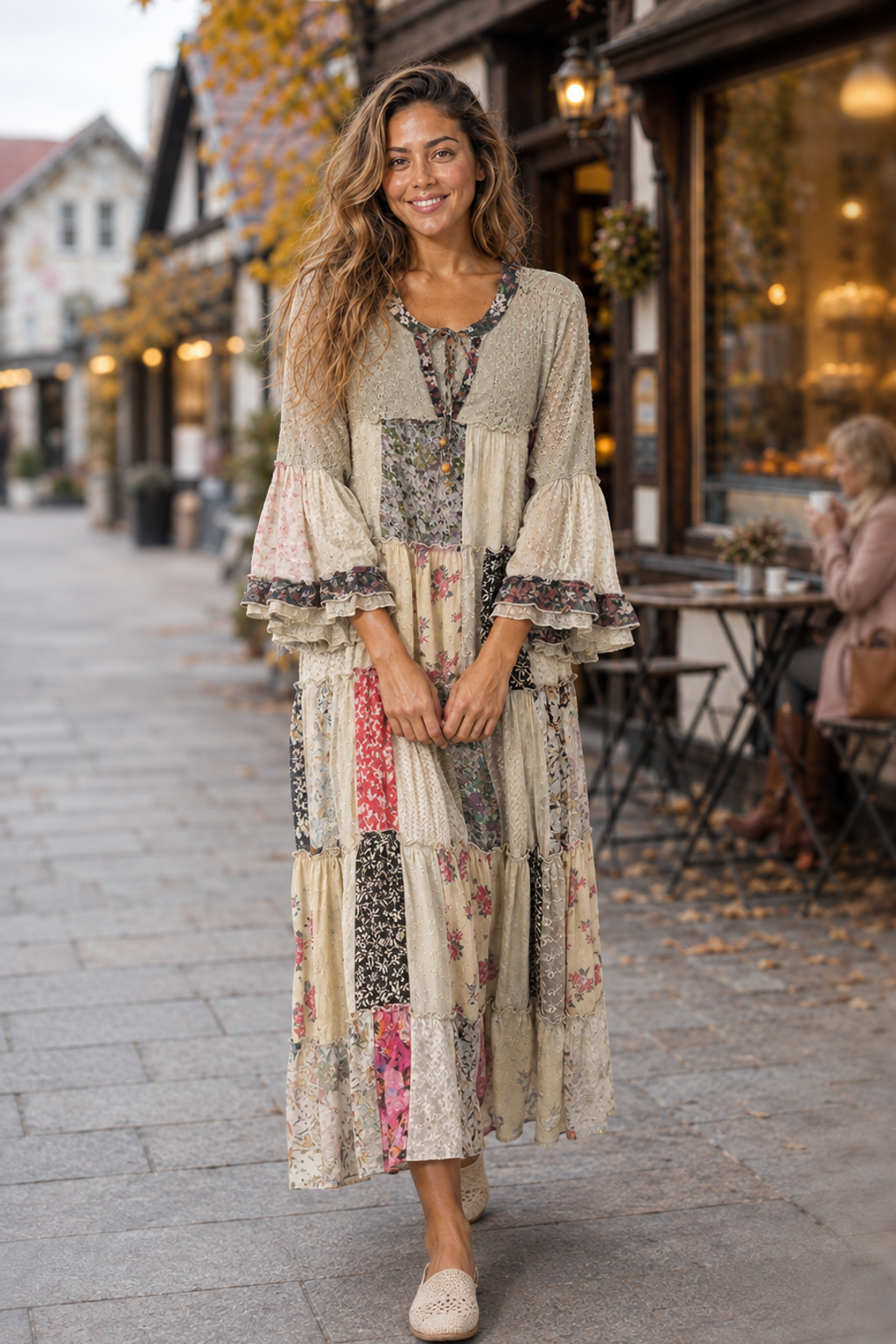 44668 Boho Patchwork Tiered Maxi Dress