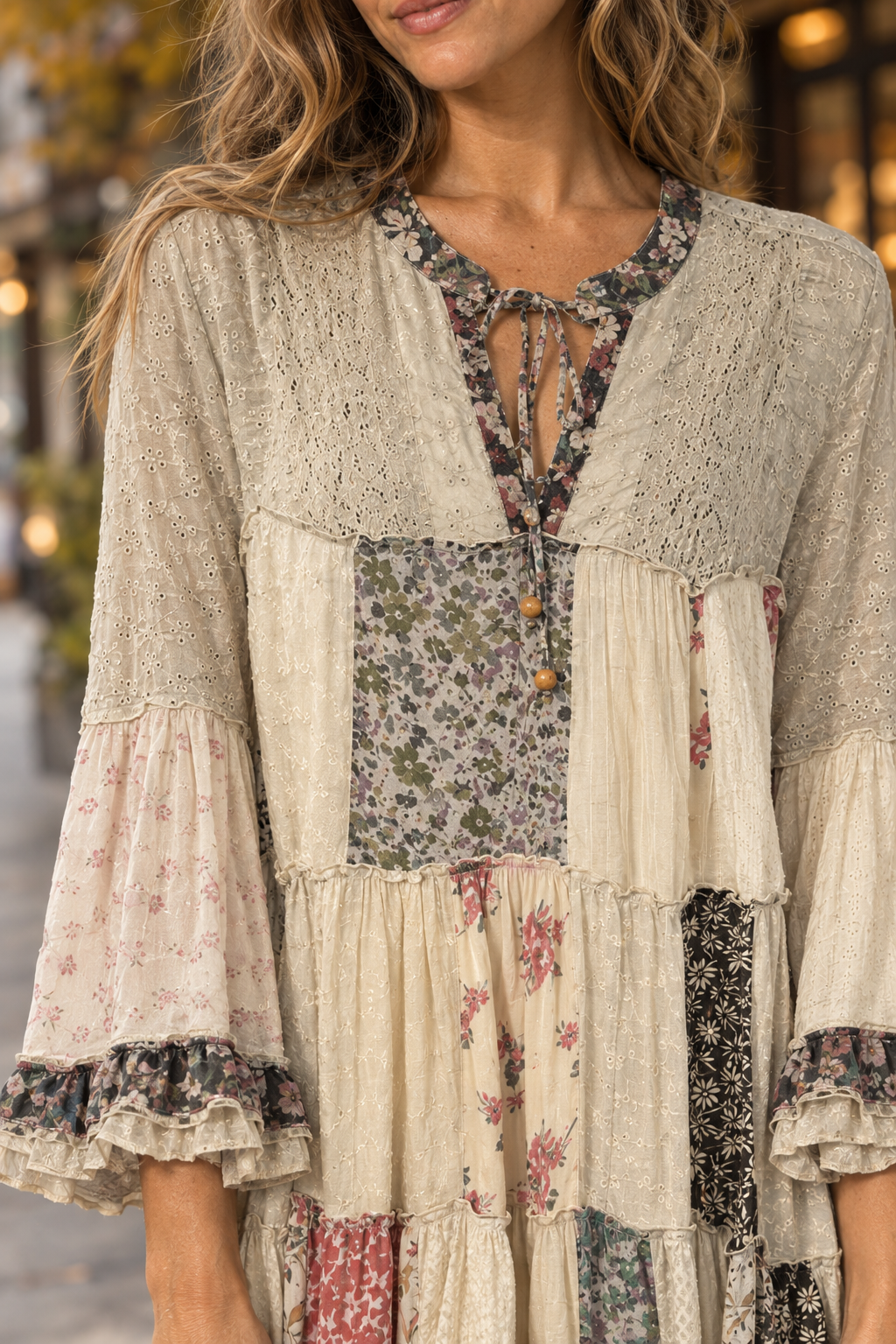 44668 Boho Patchwork Tiered Maxi Dress — Lining detail