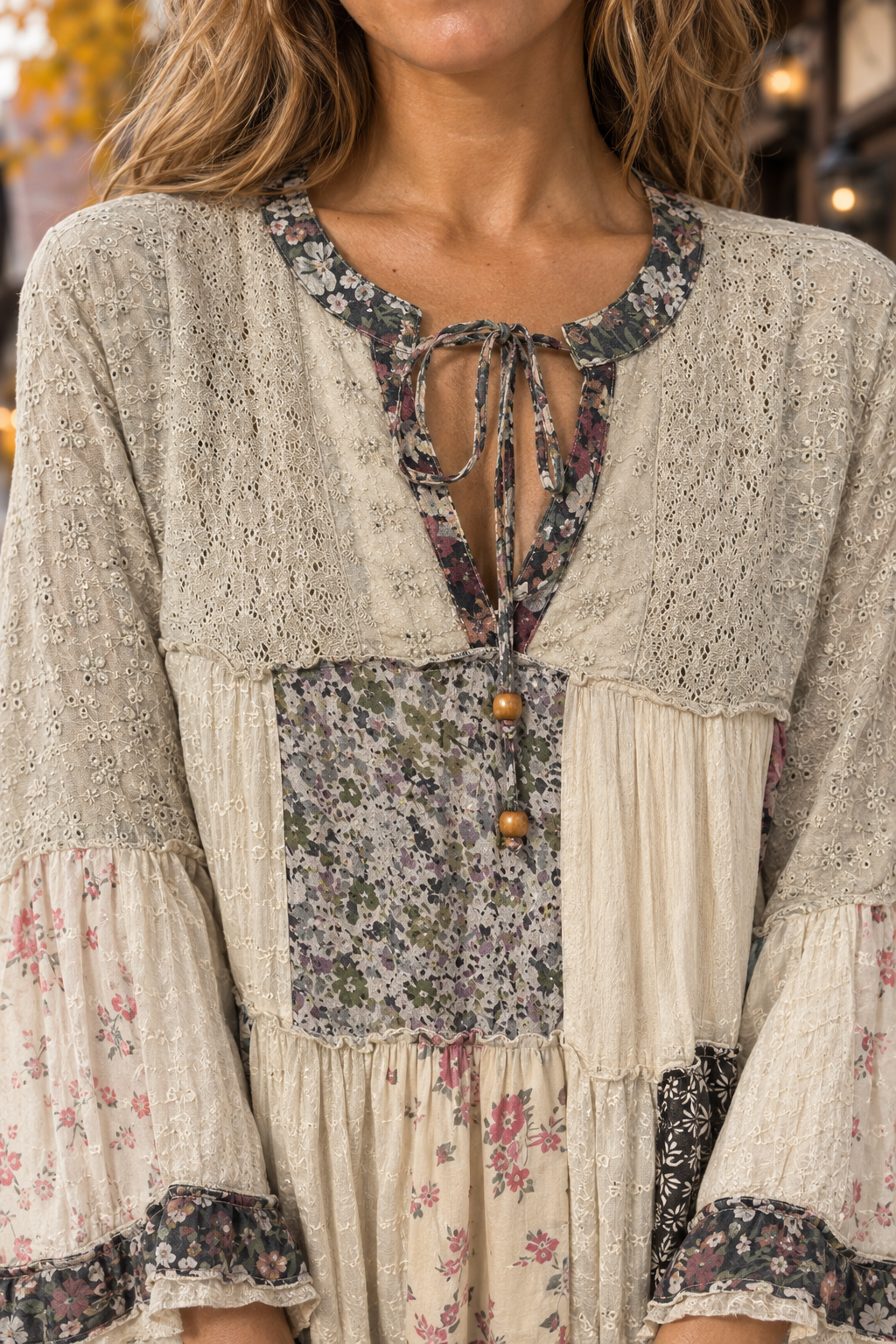 44668 Boho Patchwork Tiered Maxi Dress — Buttons & hardware detail
