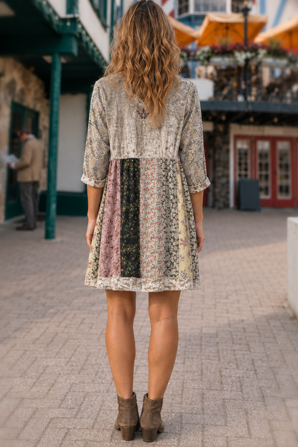23651 Velvet Patchwork Boho Tunic Dress