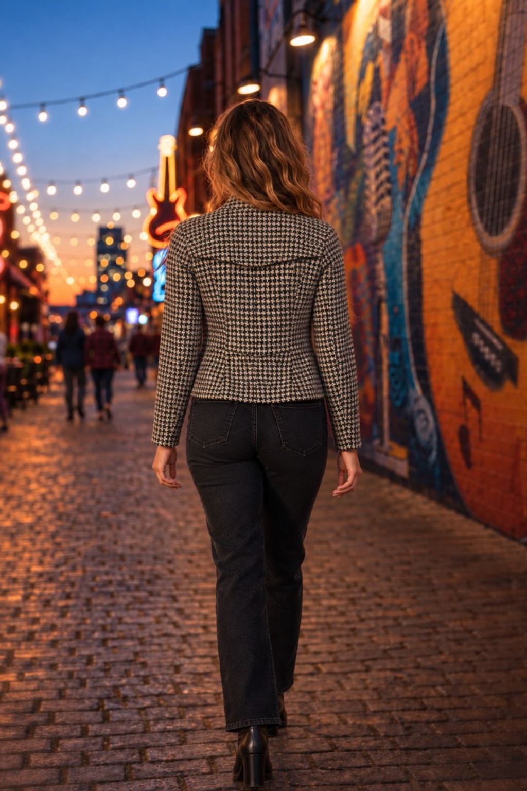 93559 Black & Tan Houndstooth Moto Gold Zip Jacket