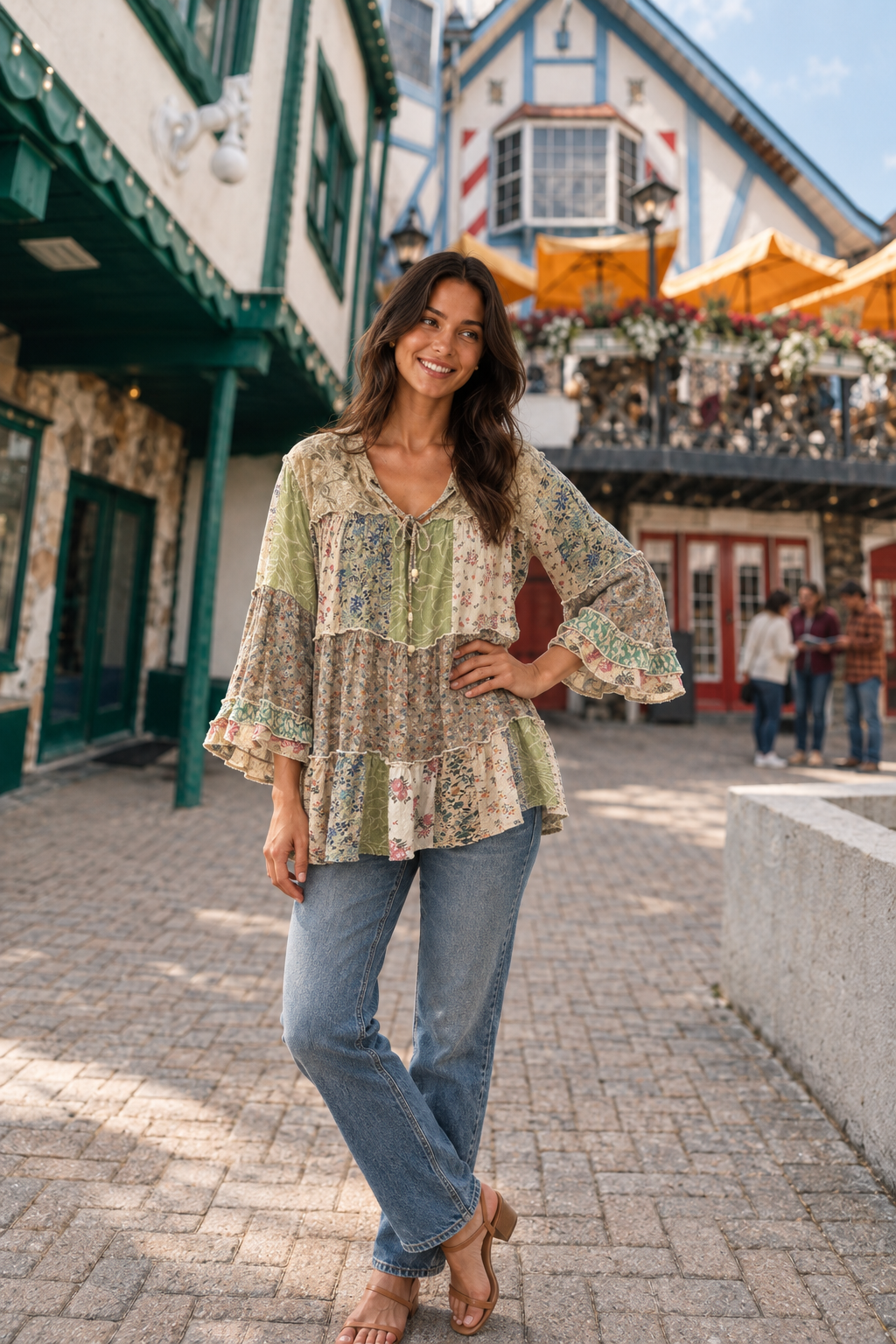 44335 Boho Patchwork Floral Tiered Top