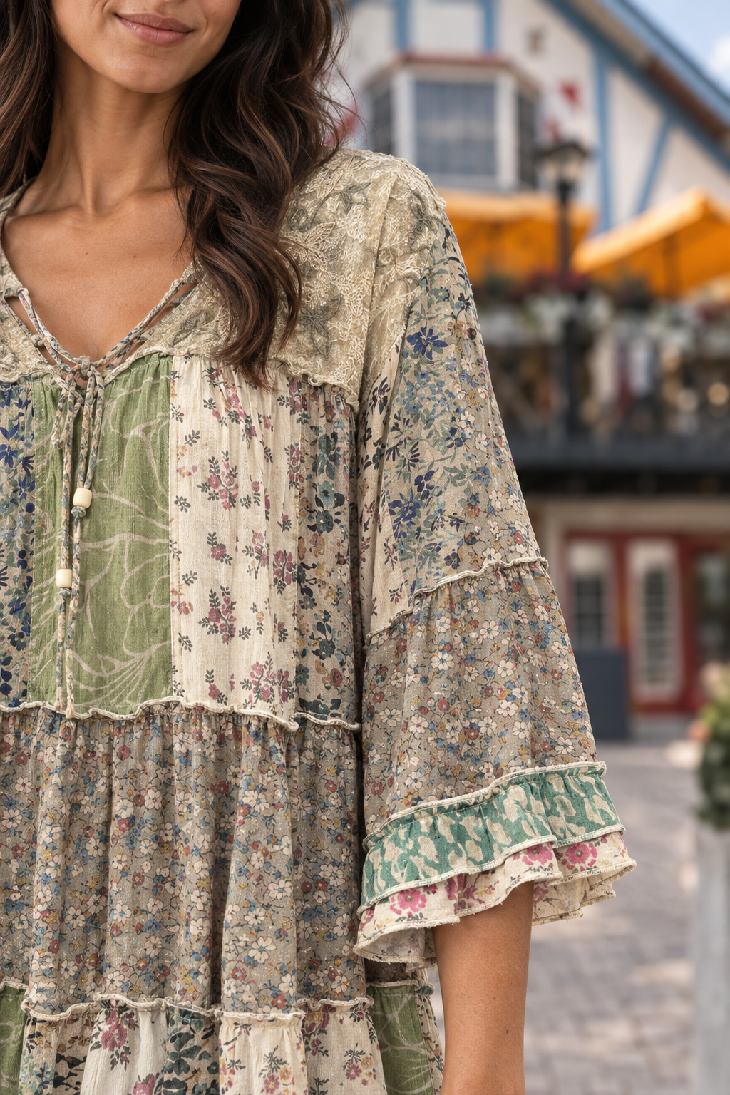 44335 Boho Patchwork Floral Tiered Top — Sleeves detail