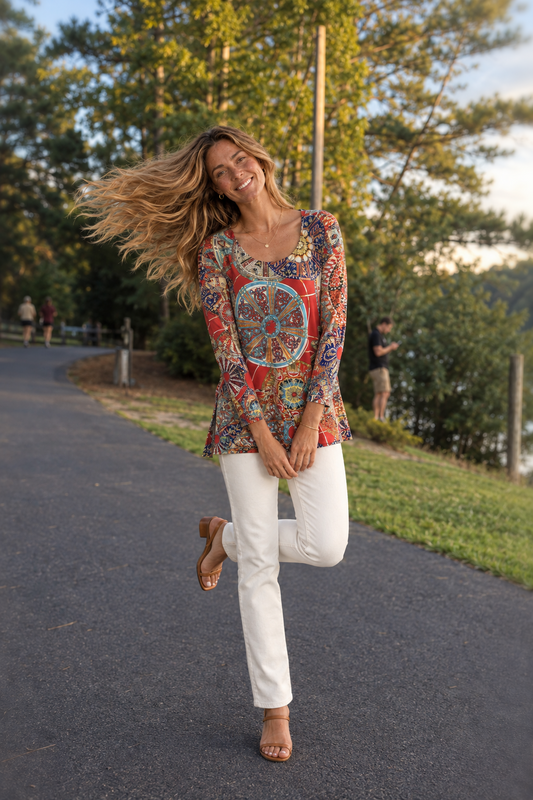T-758 Baroque Medallion Print Tunic Top