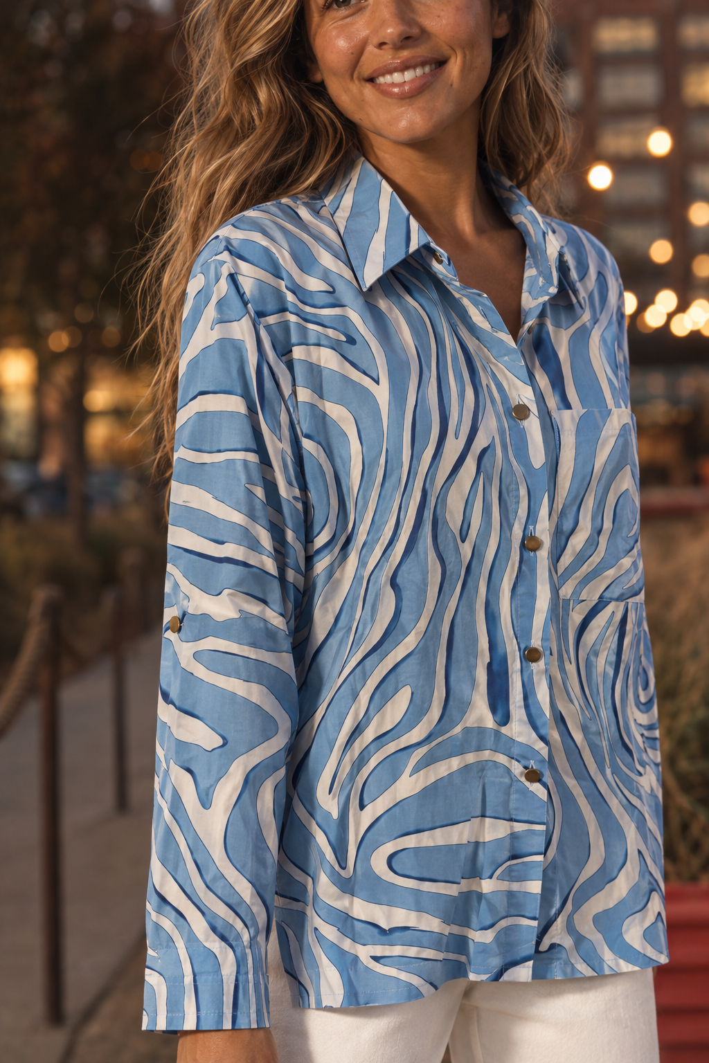 003 Abstract Print Button-Down Blouse — Sleeves detail