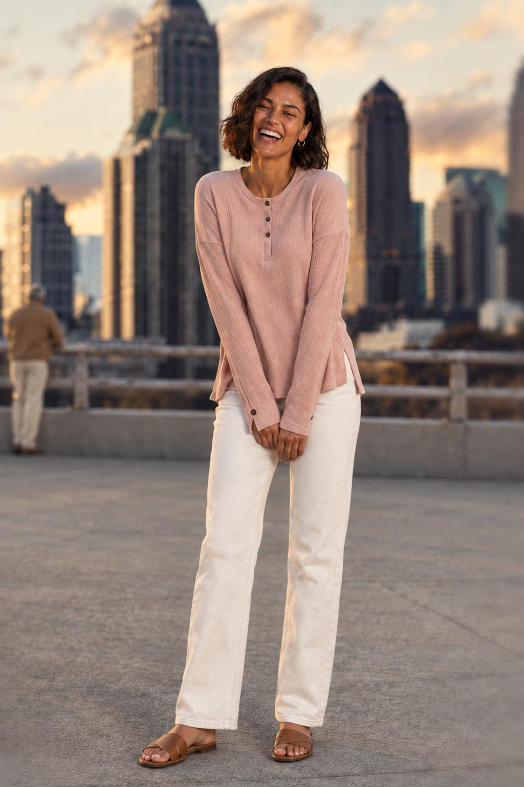 386 Mauve Ribbed Knit Henley Top
