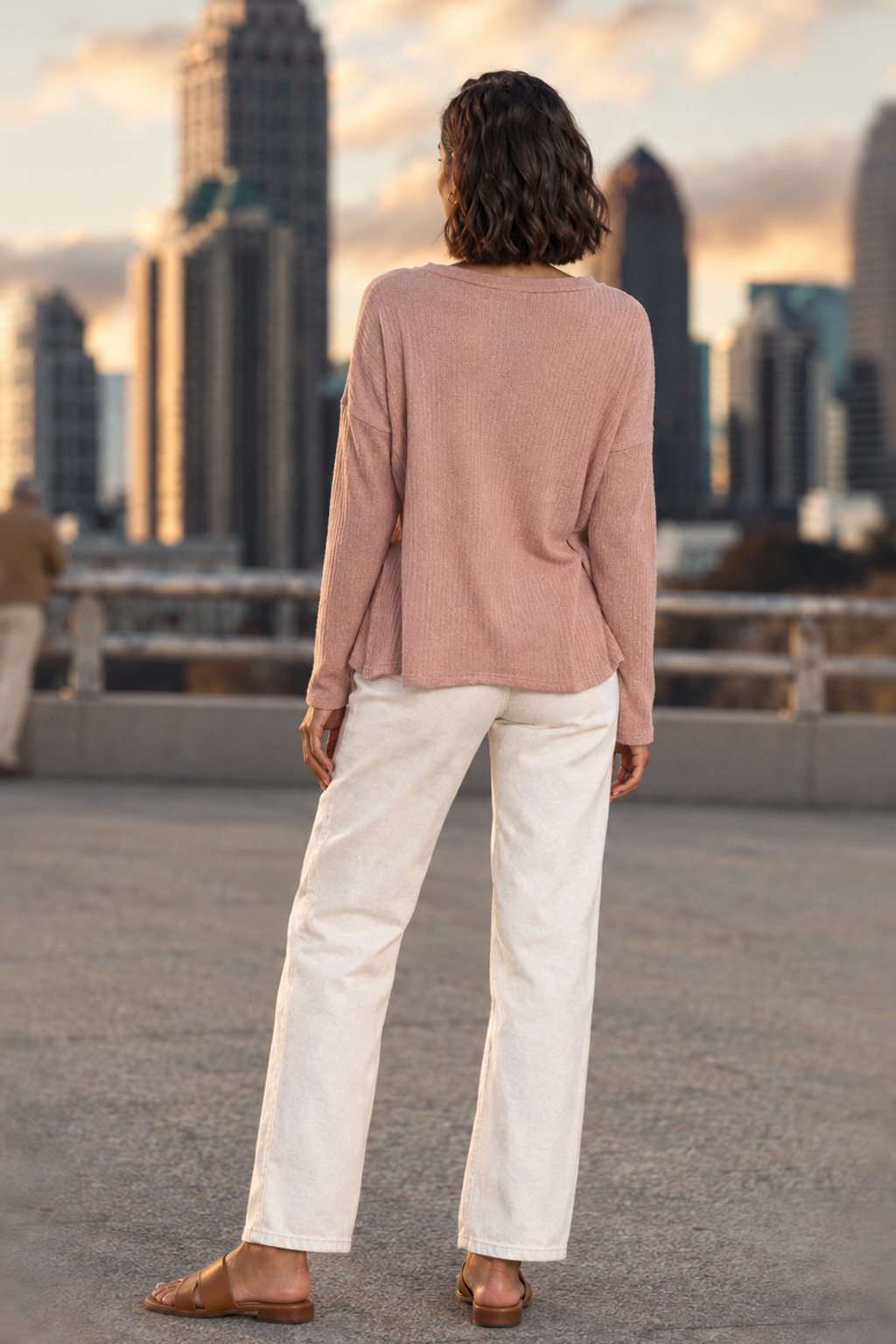 386 Mauve Ribbed Knit Henley Top