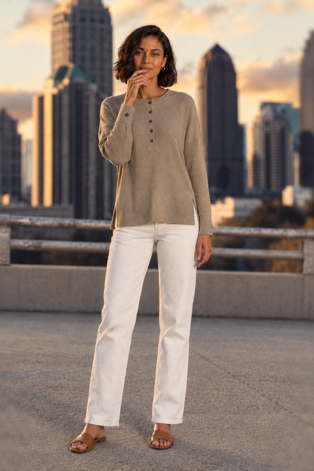 386 Taupe Ribbed Henley Knit Sweater Top