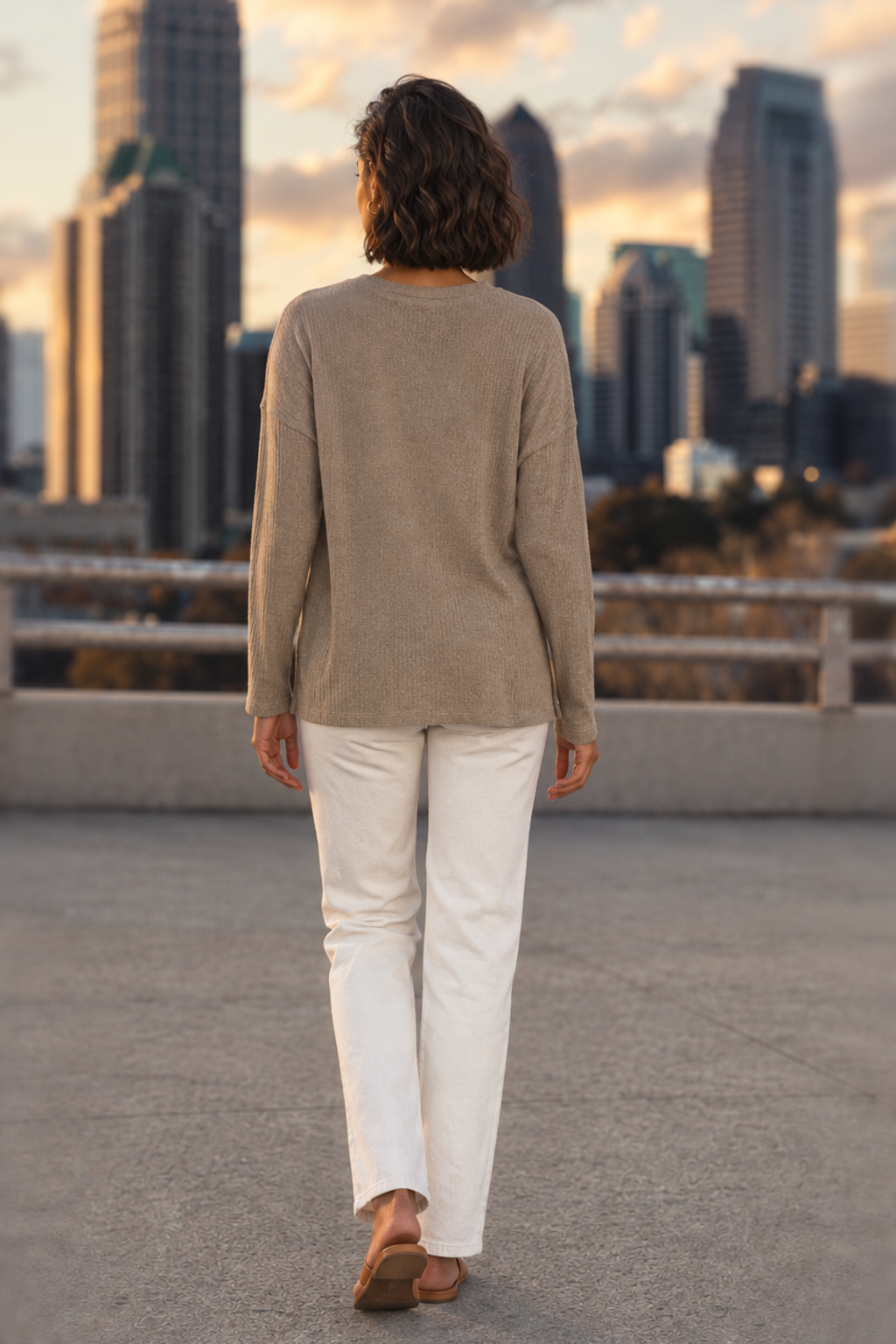 386 Taupe Ribbed Henley Knit Sweater Top
