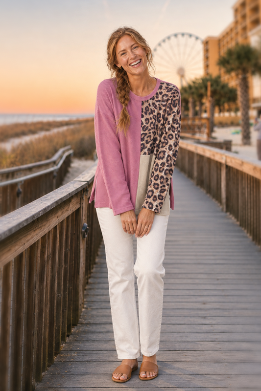 386 Waffle Knit Leopard Colorblock Top