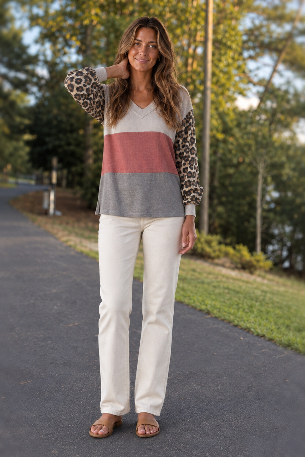 002 Colorblock Waffle Knit Leopard Sleeve Top