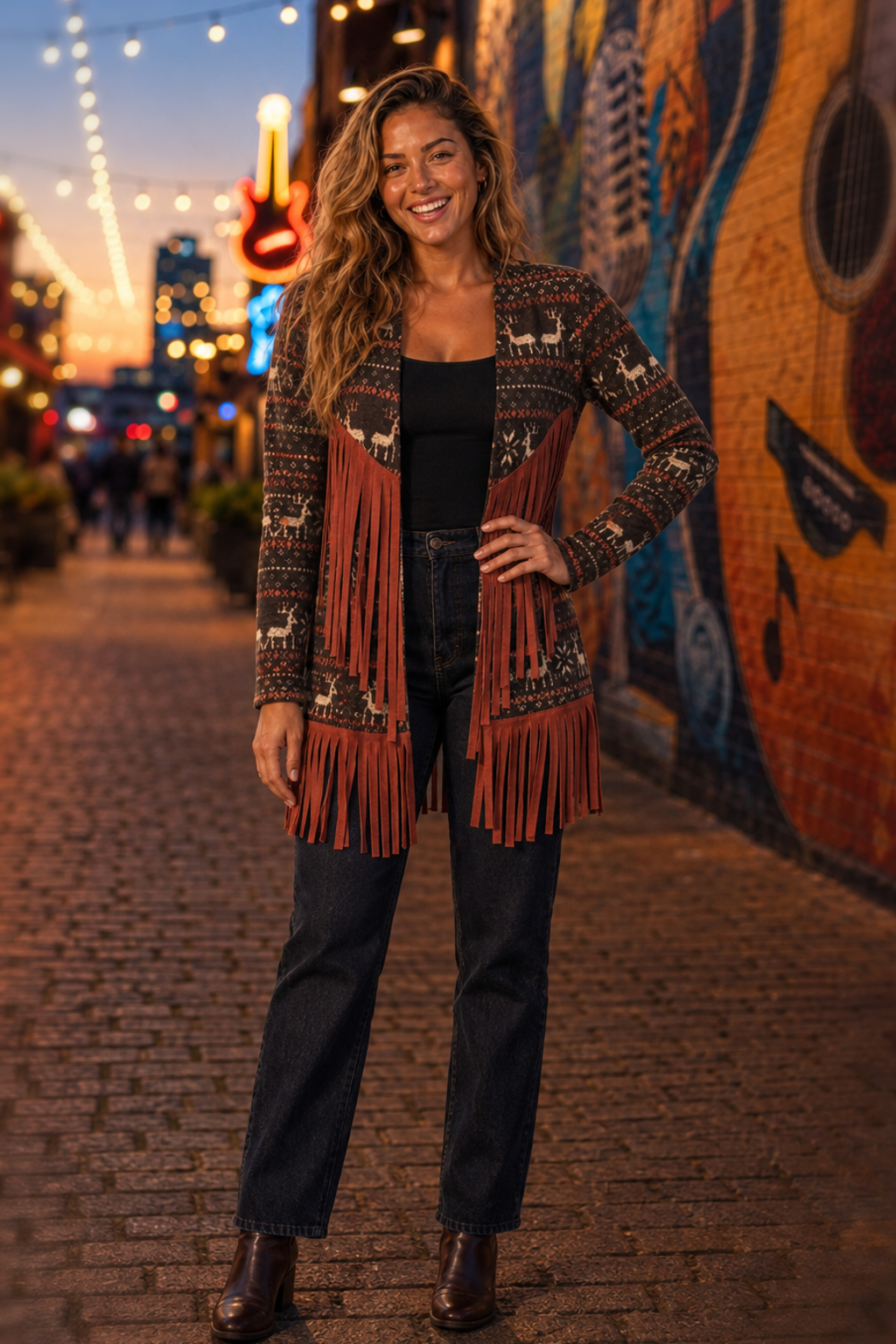 B1793 Fair Isle Fringe Trim Cardigan
