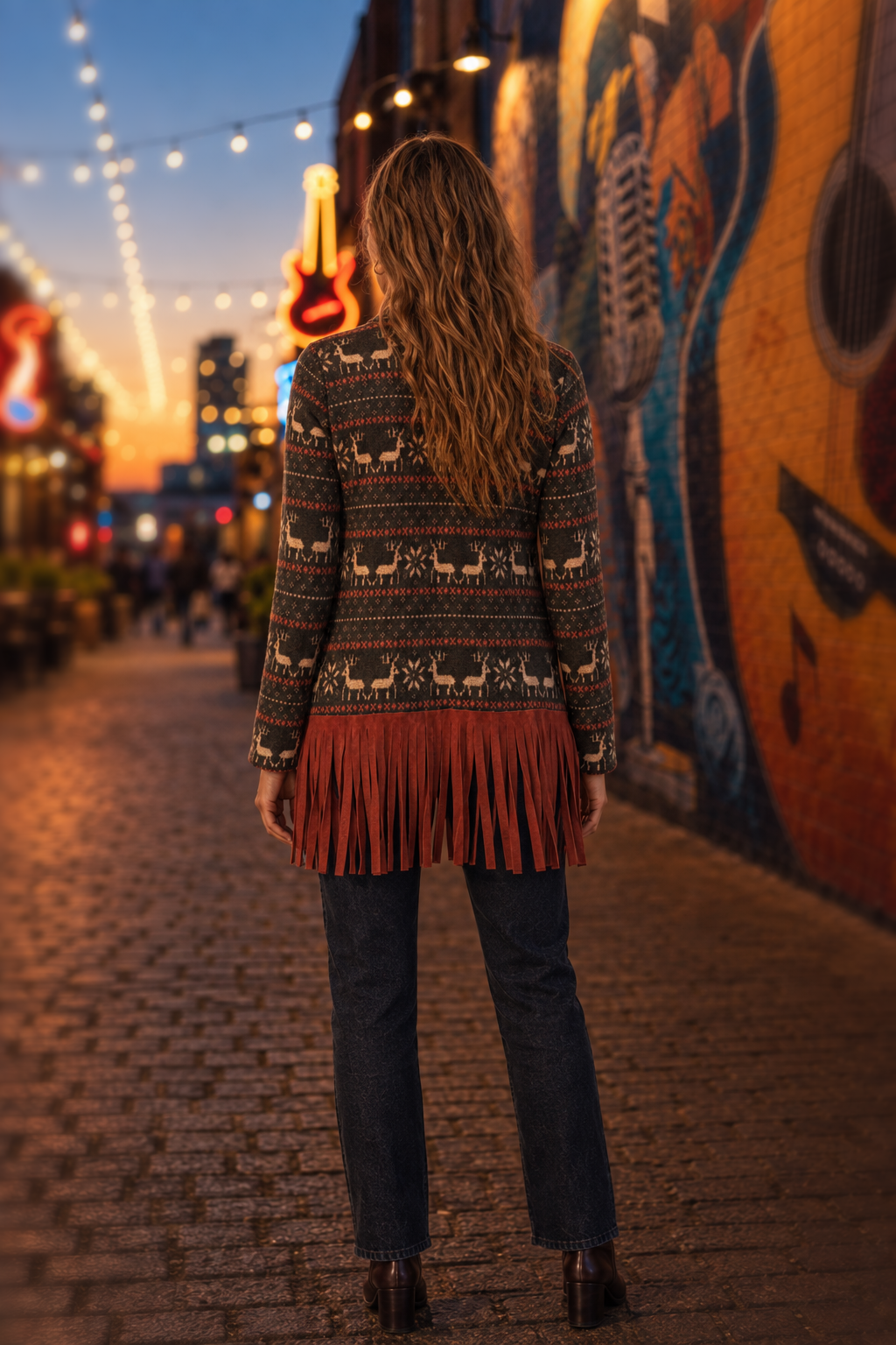 B1793 Fair Isle Fringe Trim Cardigan