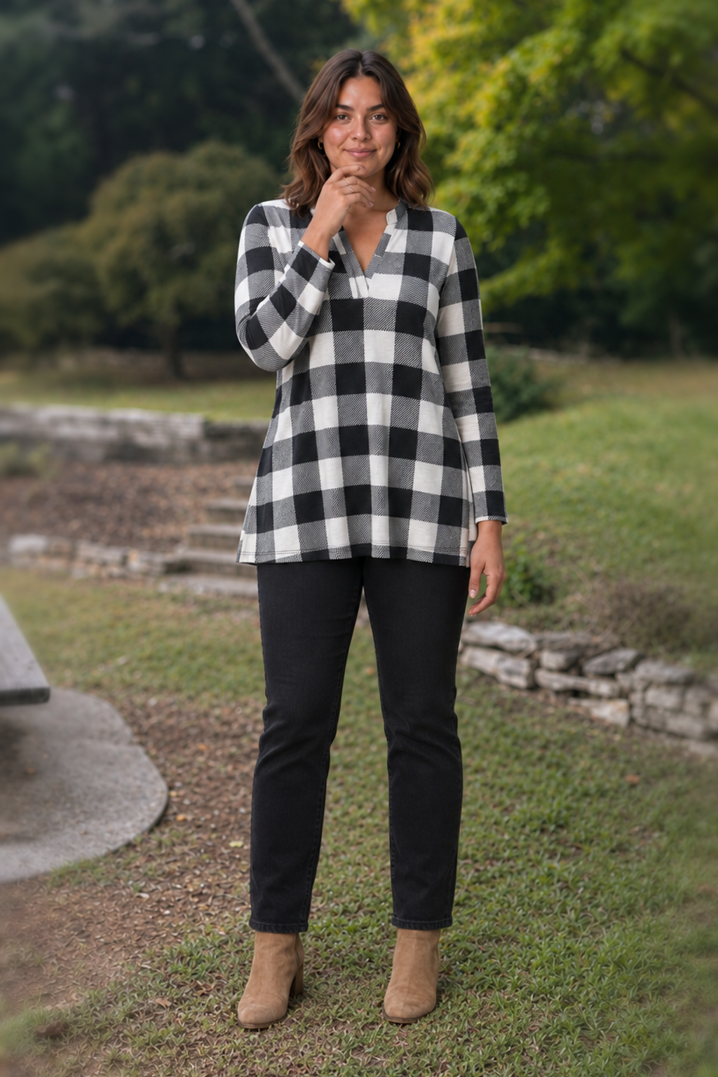 B3288X Buffalo Check V-Neck Tunic Top