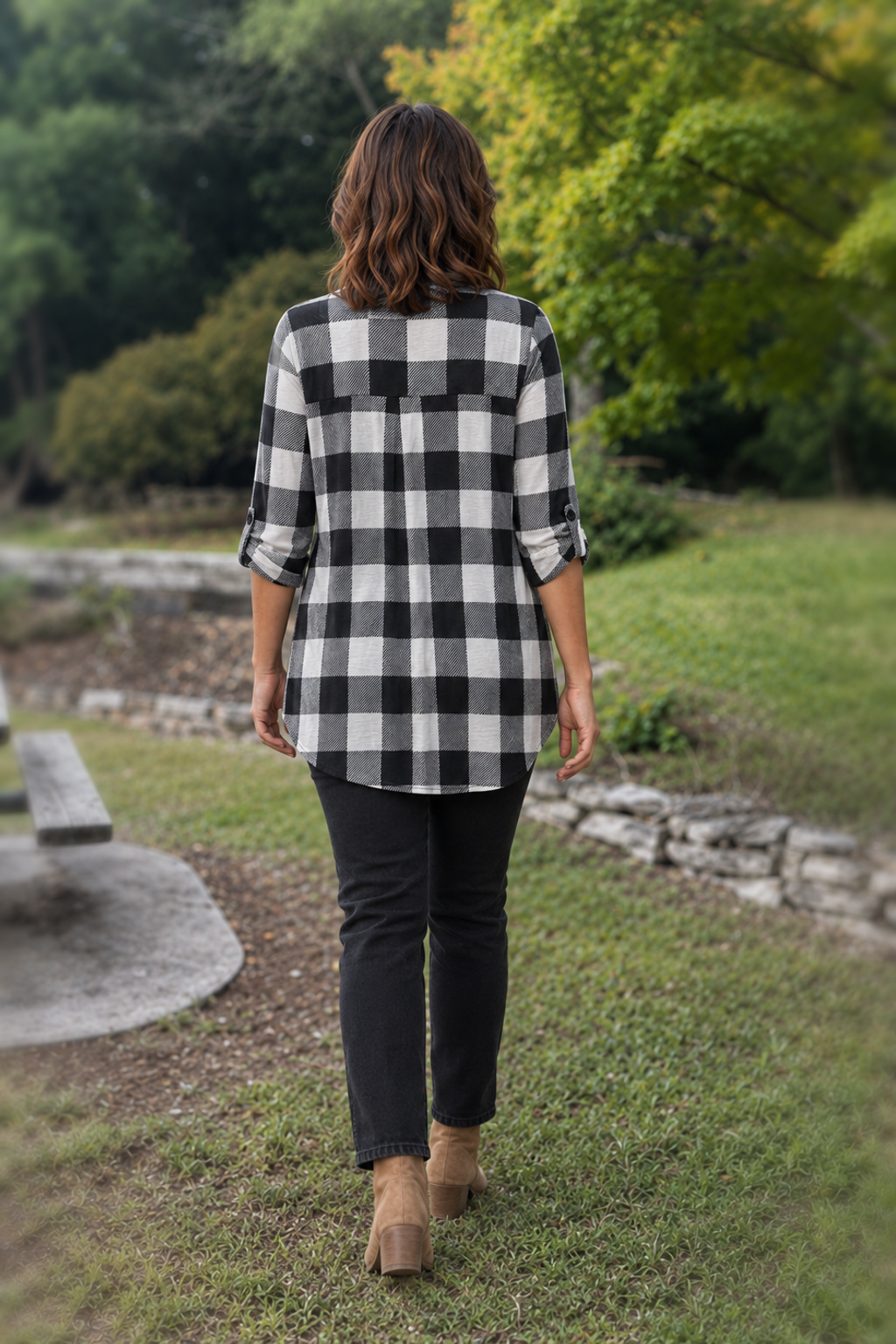 B3288X Buffalo Check V-Neck Tunic Top