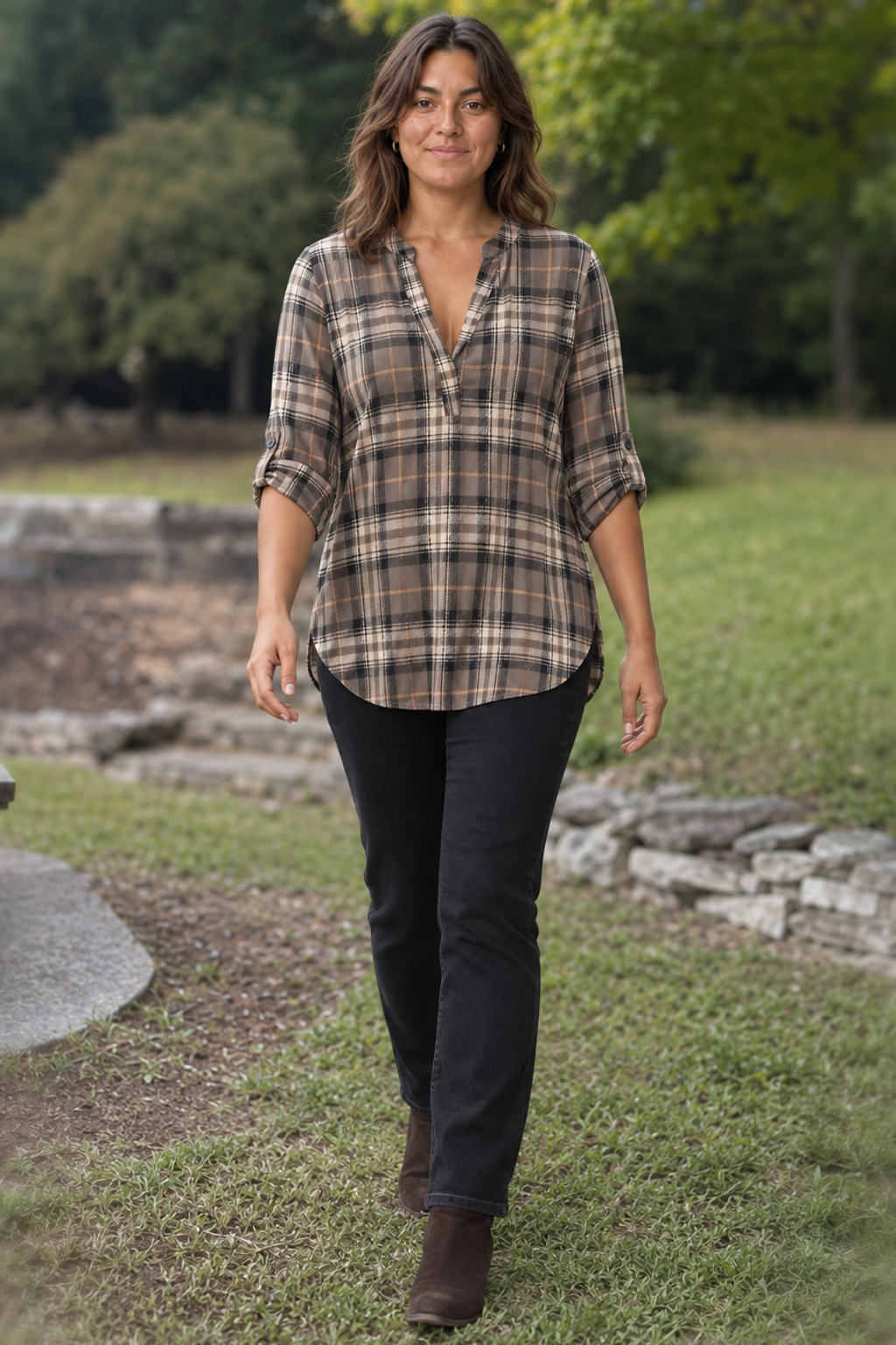 B3288X-E Mocha Plaid V-Neck Tunic Blouse