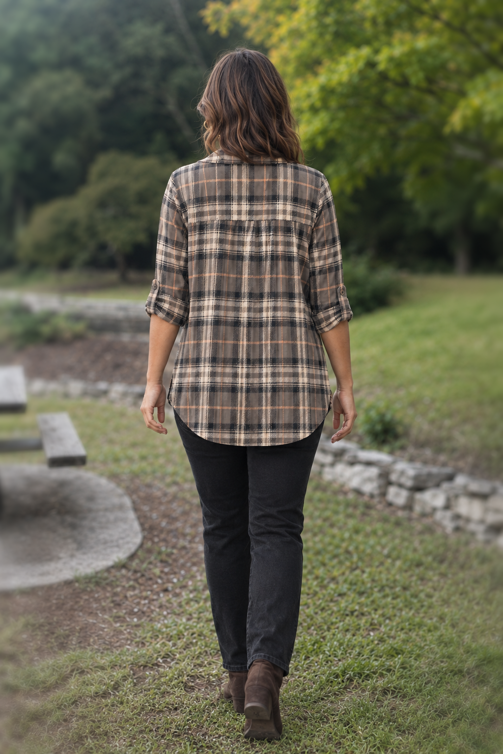 B3288X-E Mocha Plaid V-Neck Tunic Blouse